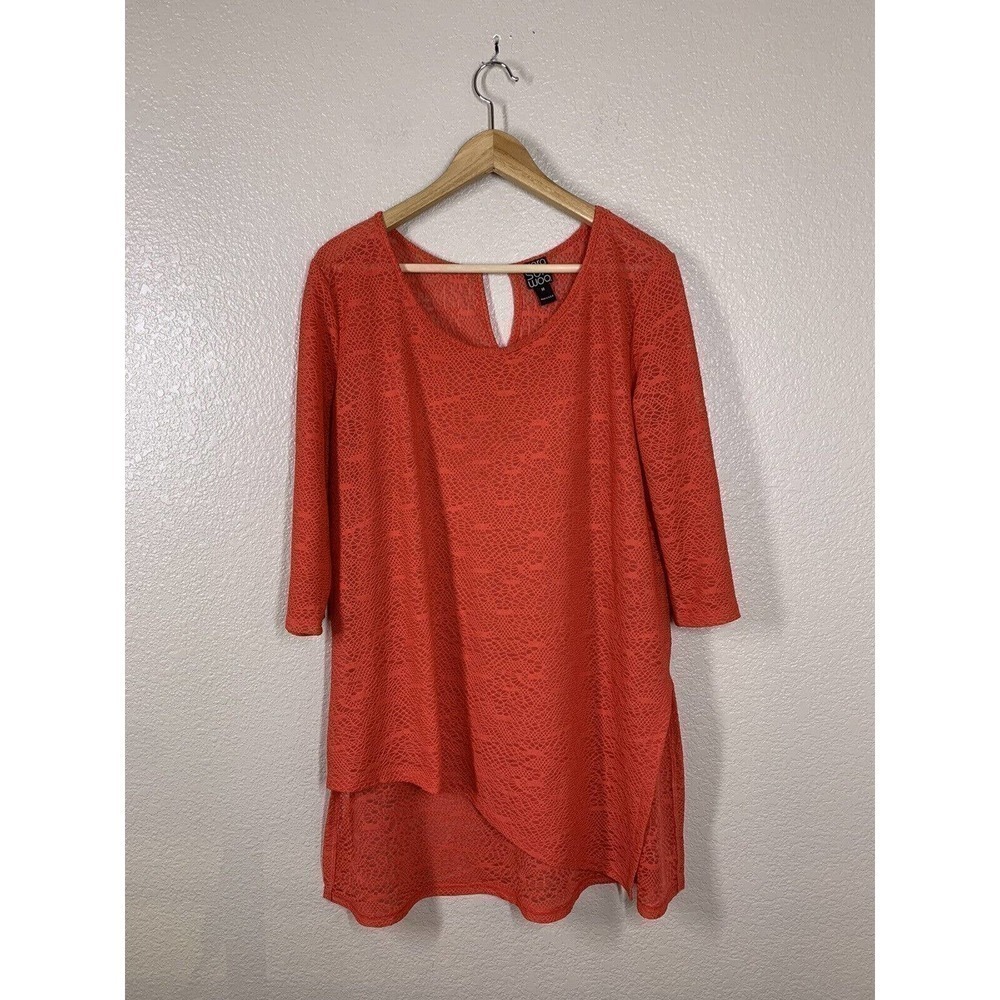 Clara Sun Woo Sheer Knit Tunic Top Medium M Asymmetric Hem Coral Red Lagenlook